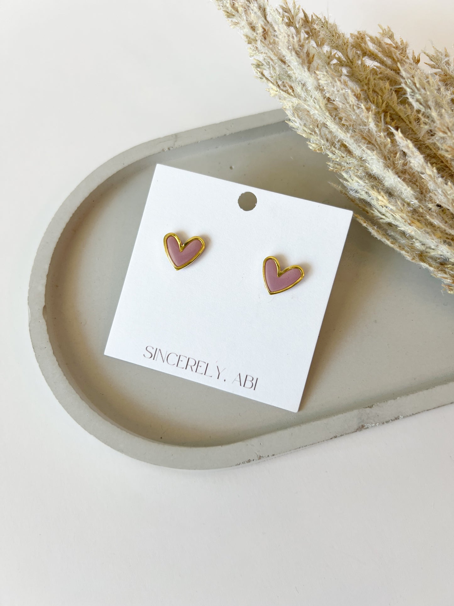 Gold Trim Heart Studs | Pink