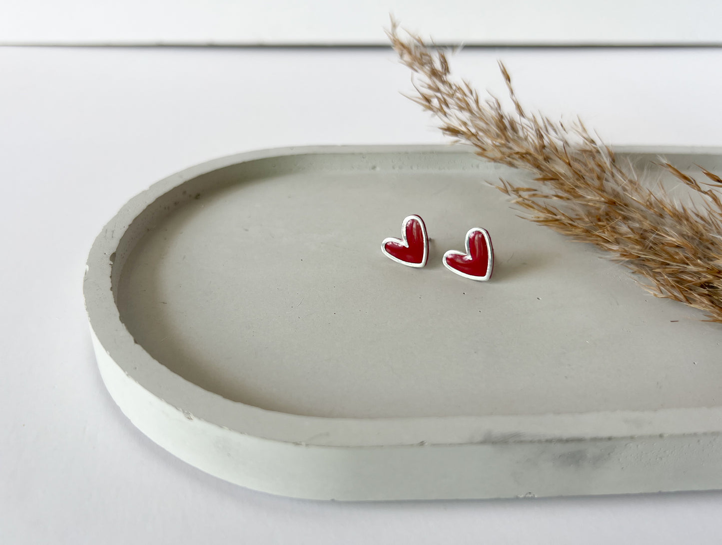 Silver Trim Heart Studs | Red