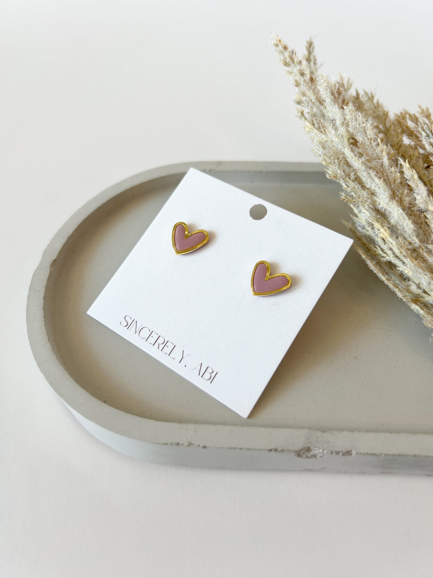 Gold Trim Heart Studs | Pink