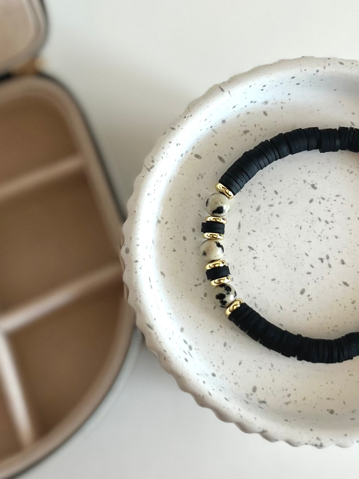 Black Heishi + Dalmatian Jasper Stacking Bracelet
