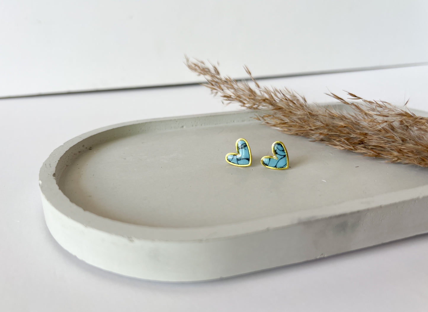 Gold Trim Heart Studs, Faux Turquoise