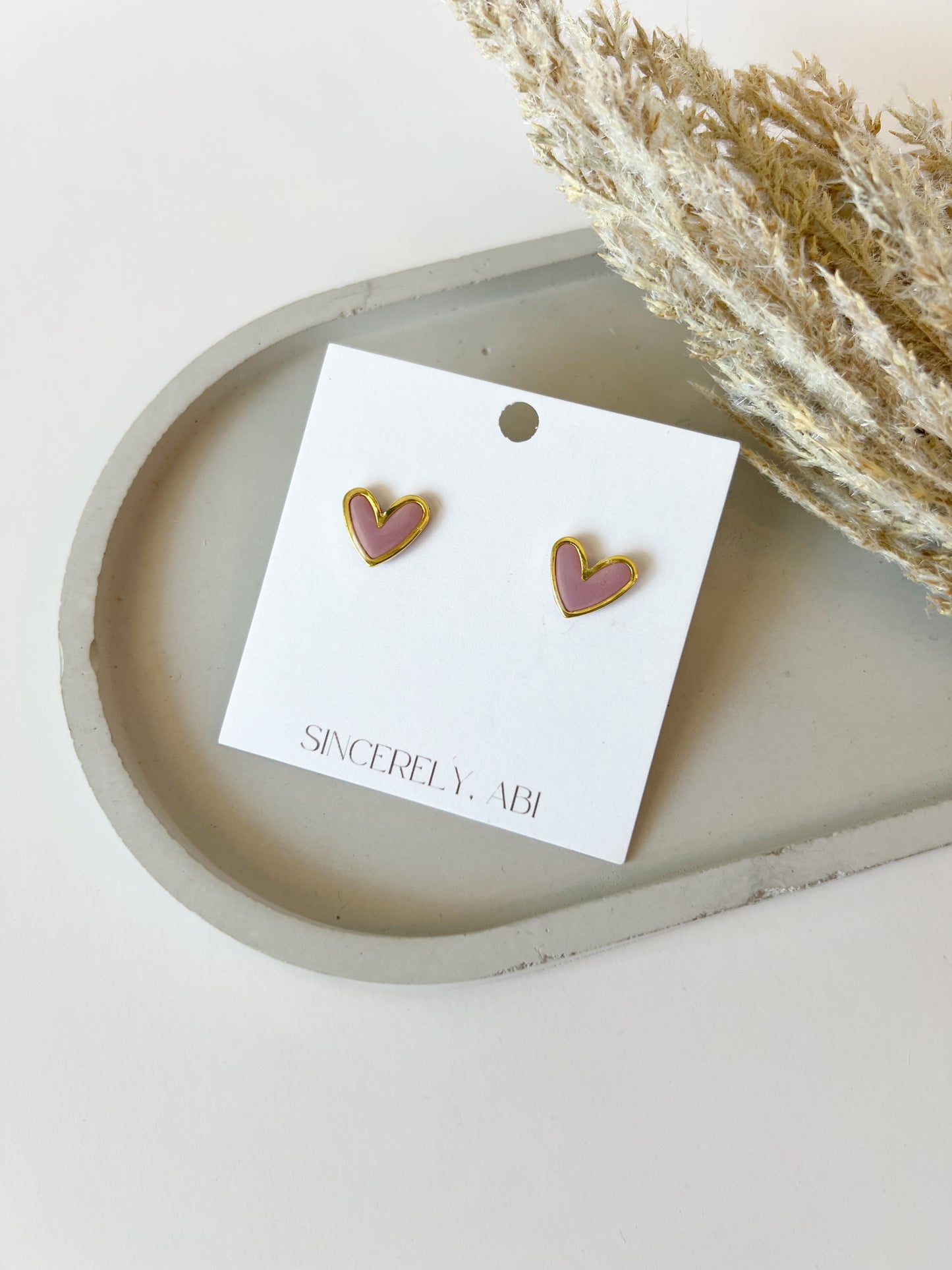 Gold Trim Heart Studs, Pink