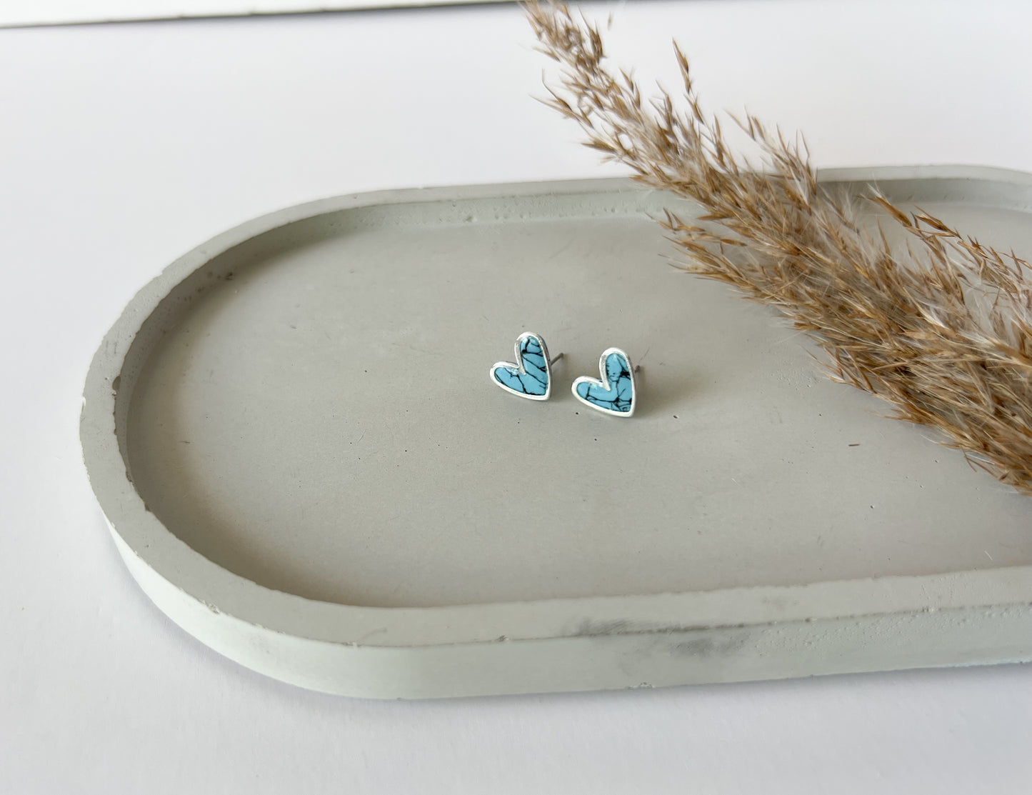 Silver Trim Heart Studs, Faux Turquoise