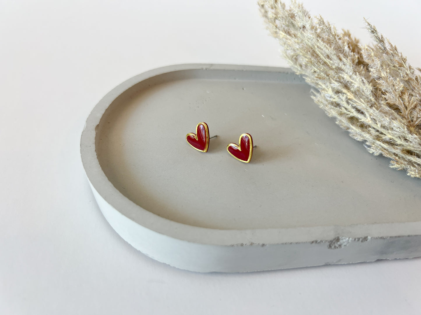 Gold Trim Heart Studs, Red