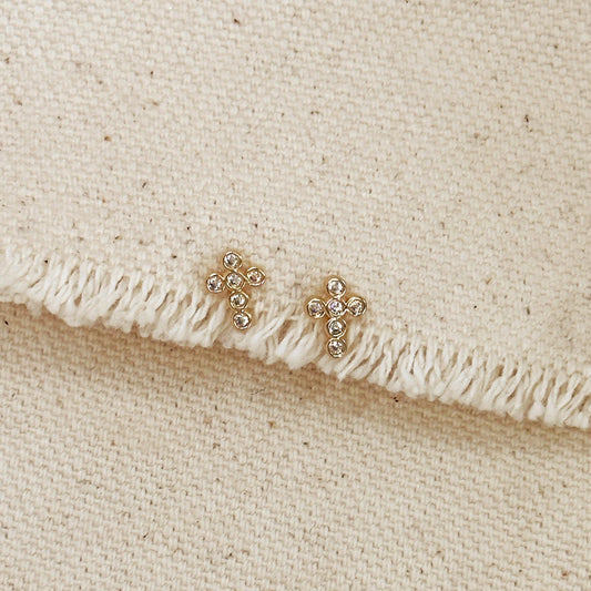 Mini Bezel CZ Cross Studs | 18k Gold Fill