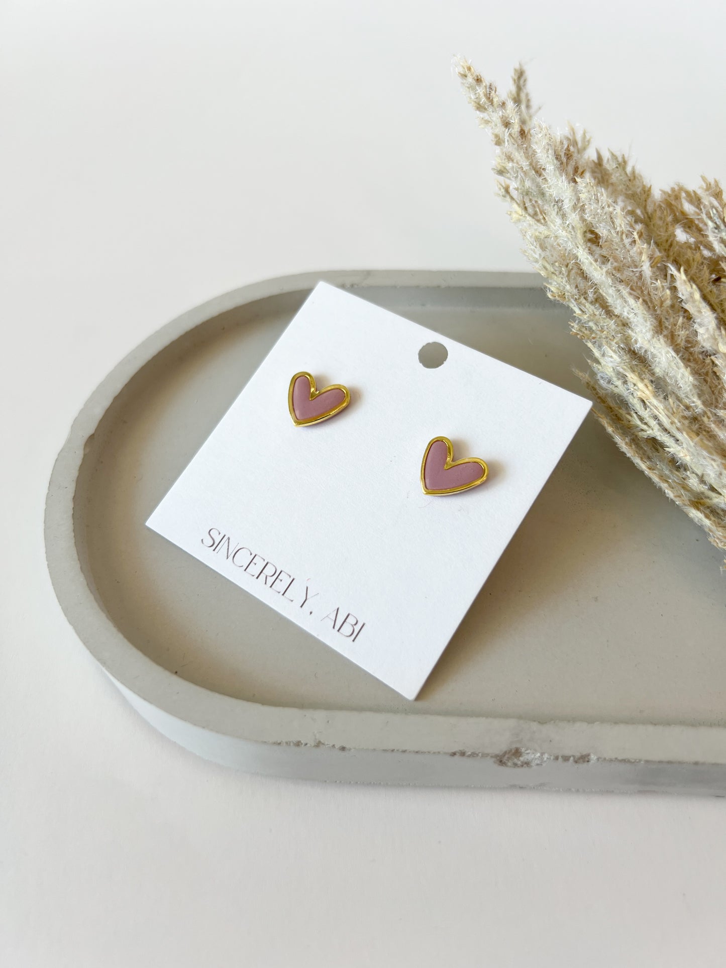 Gold Trim Heart Studs, Pink