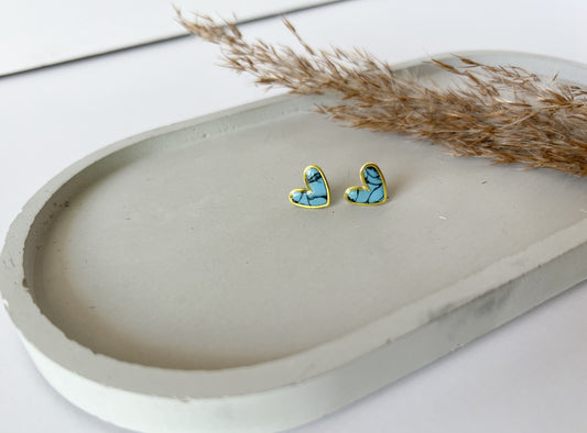 Gold Trim Heart Studs, Faux Turquoise