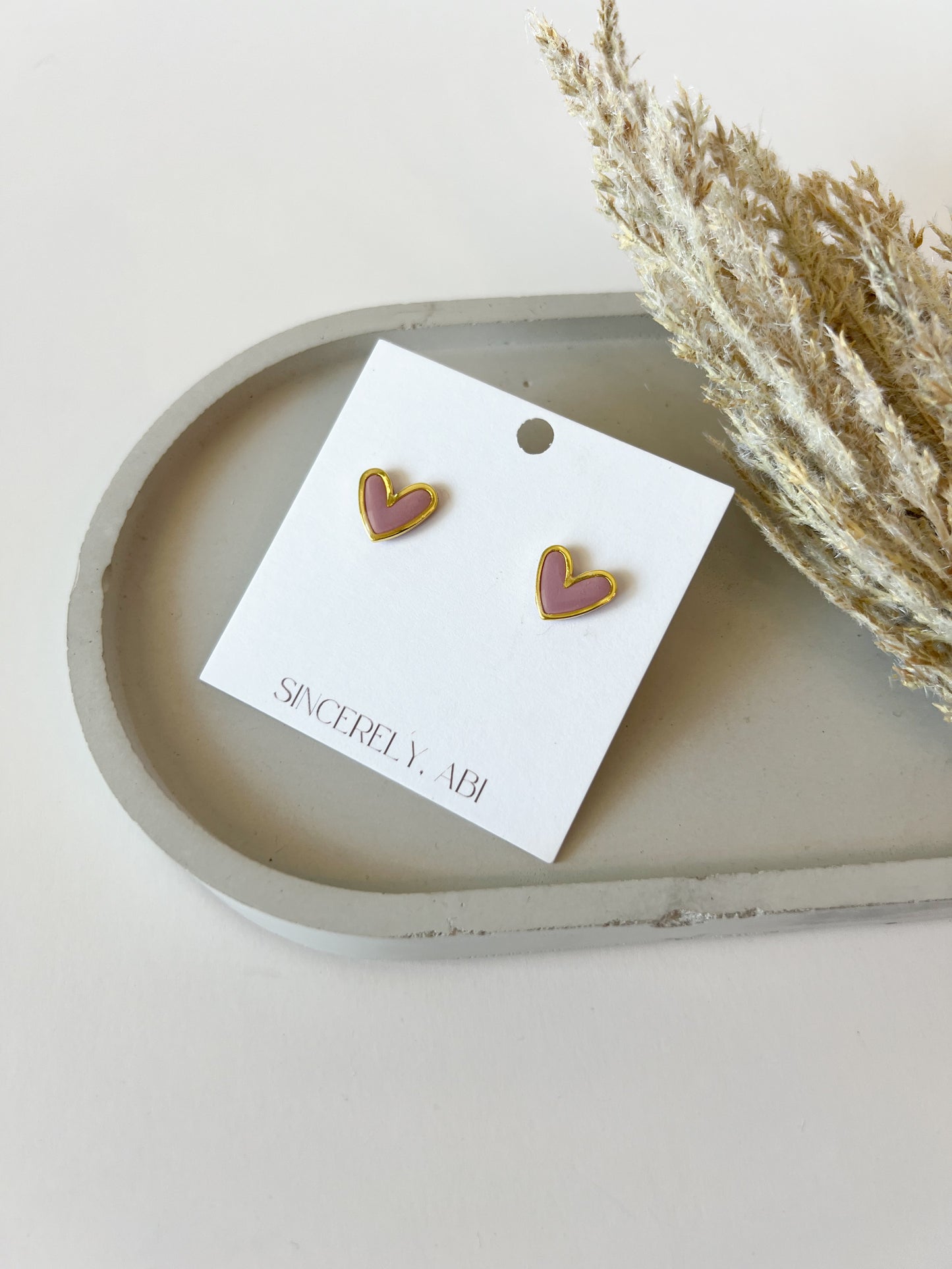 Gold Trim Heart Studs, Pink