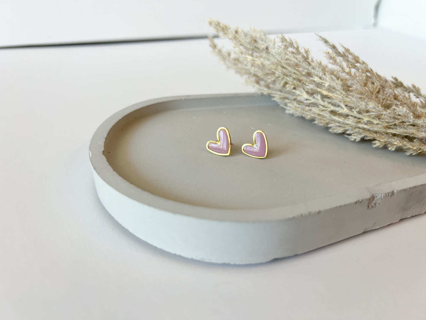 Gold Trim Heart Studs, Pink