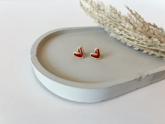 Gold Trim Heart Studs, Red