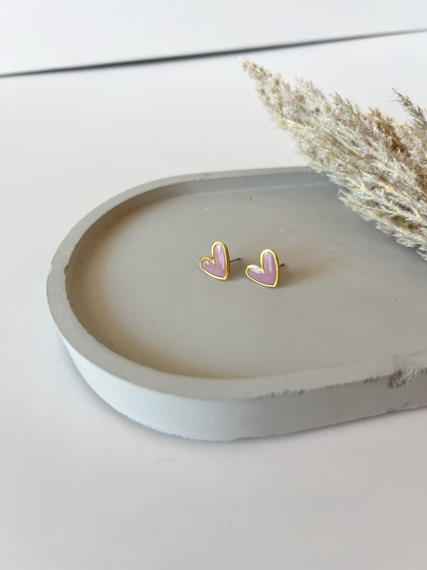 Gold Trim Heart Studs, Pink