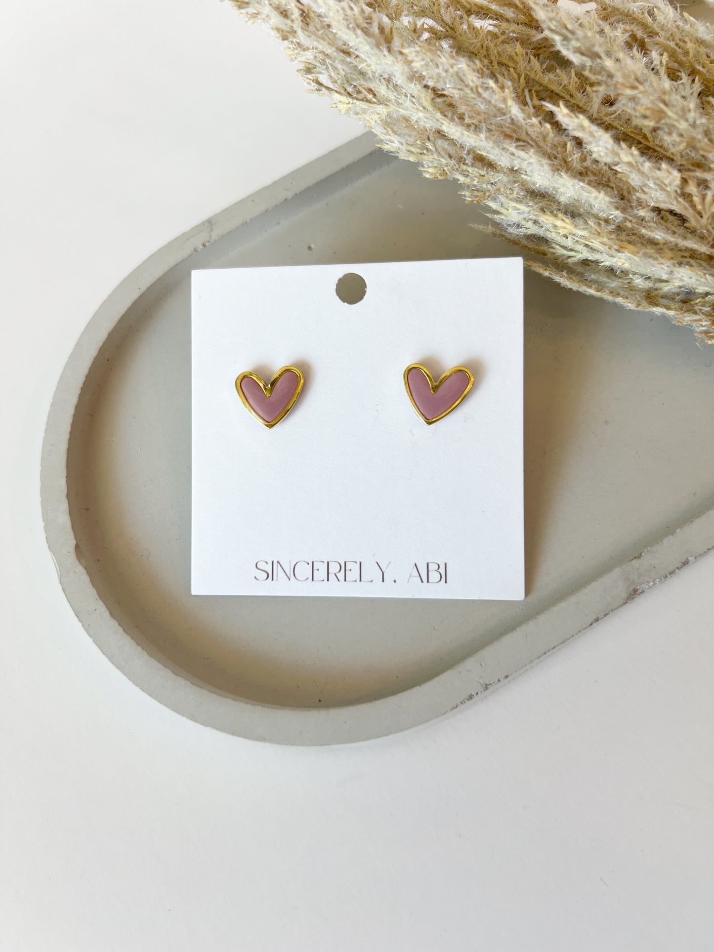 Gold Trim Heart Studs, Pink