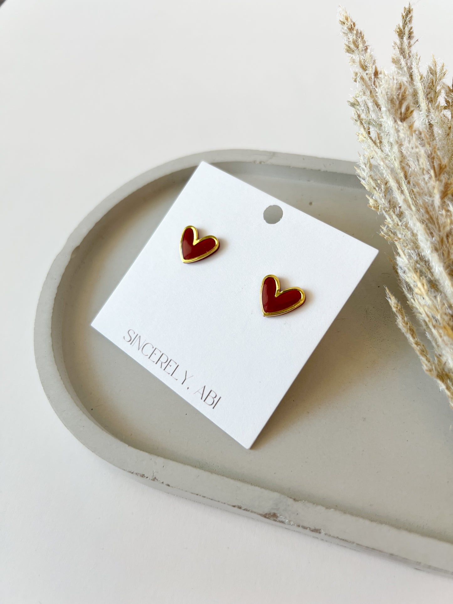 Gold Trim Heart Studs, Red