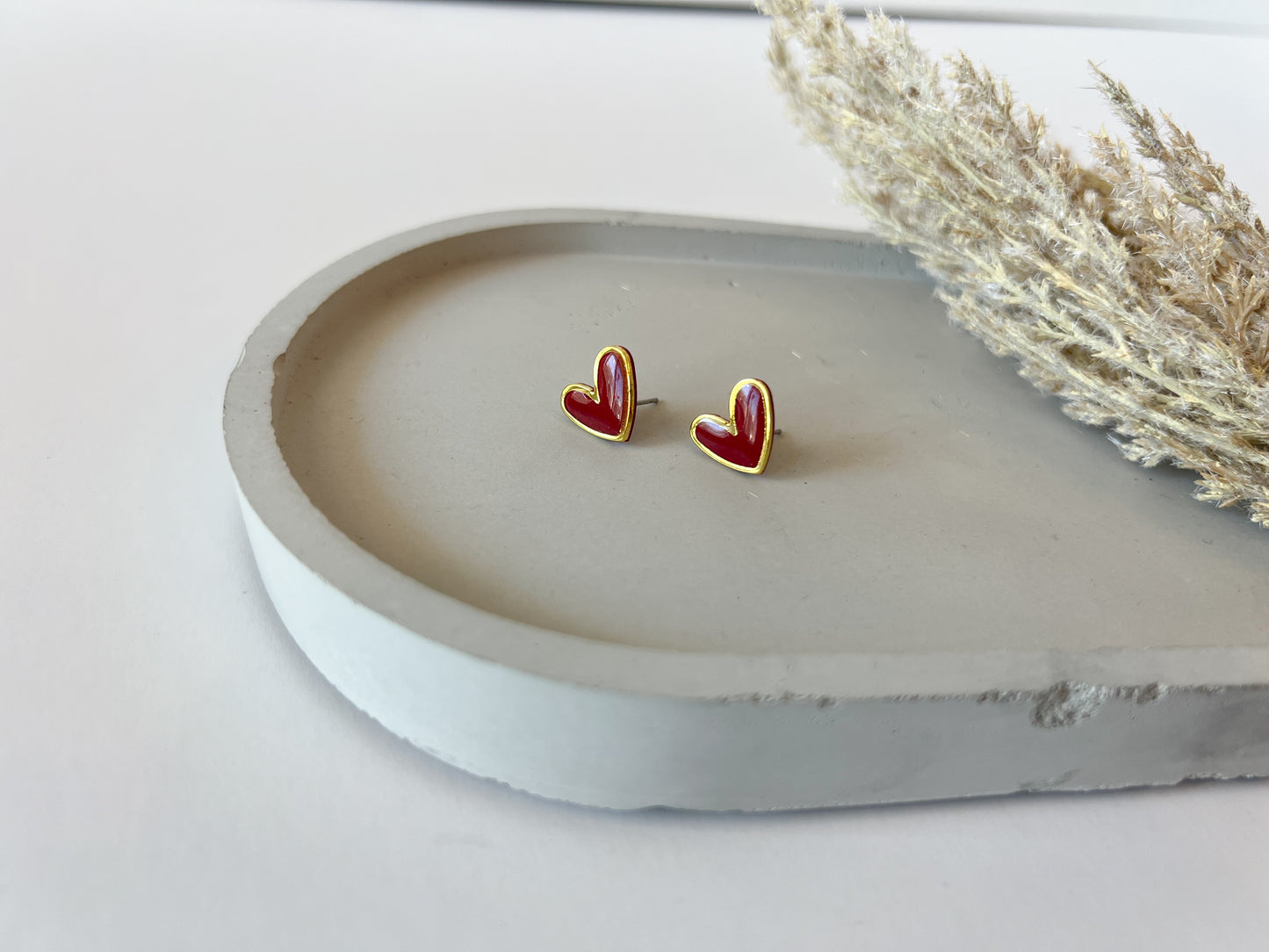 Gold Trim Heart Studs, Red