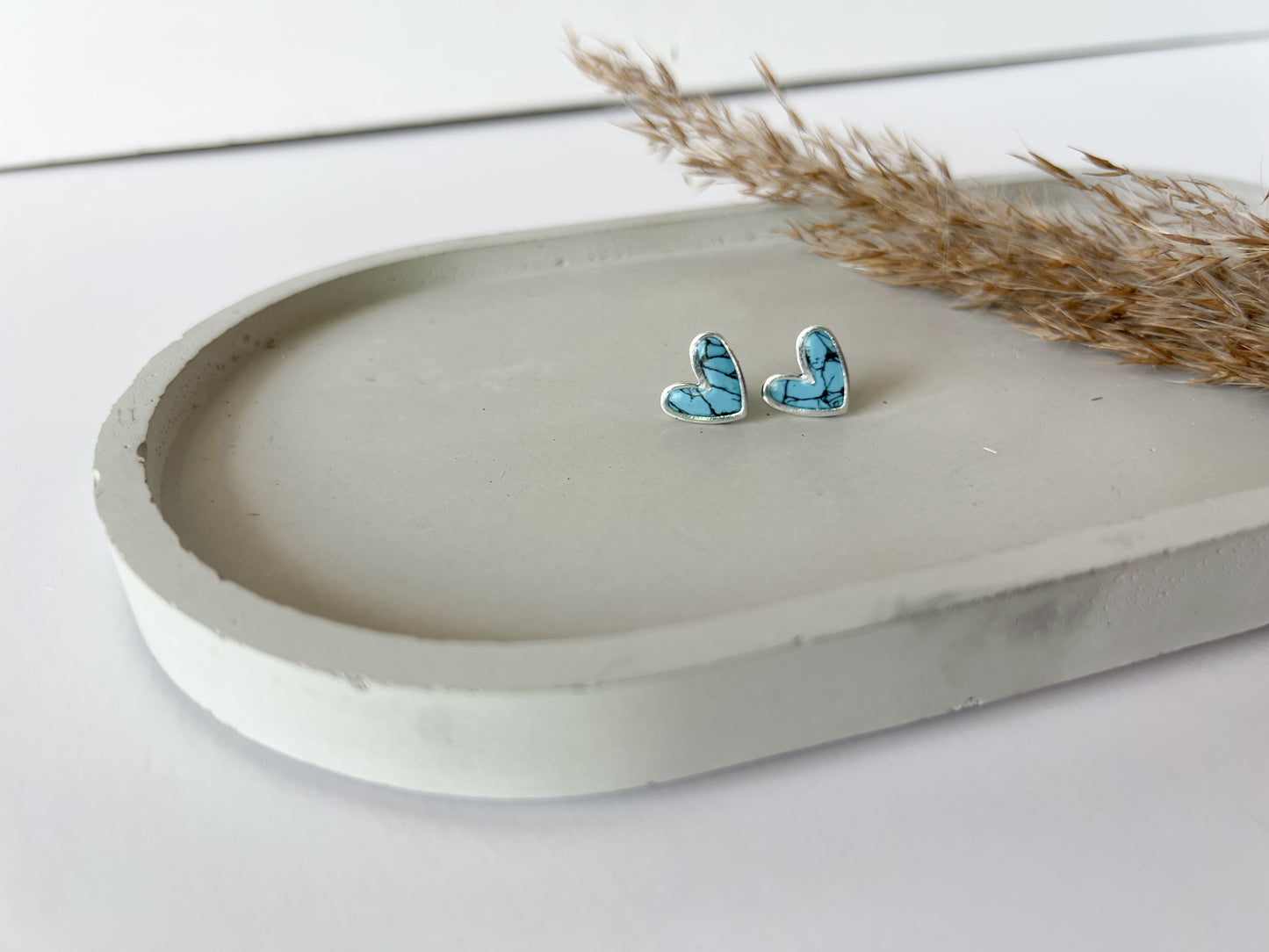 Silver Trim Heart Studs, Faux Turquoise