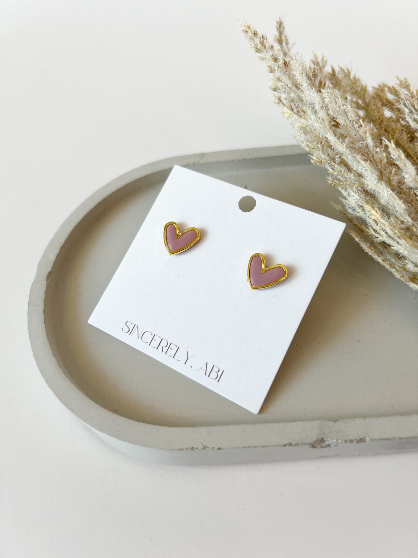 Gold Trim Heart Studs, Pink