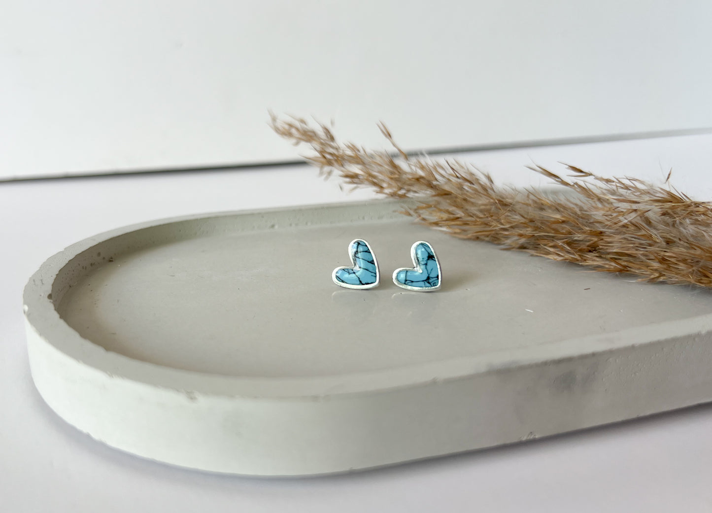 Silver Trim Heart Studs, Faux Turquoise