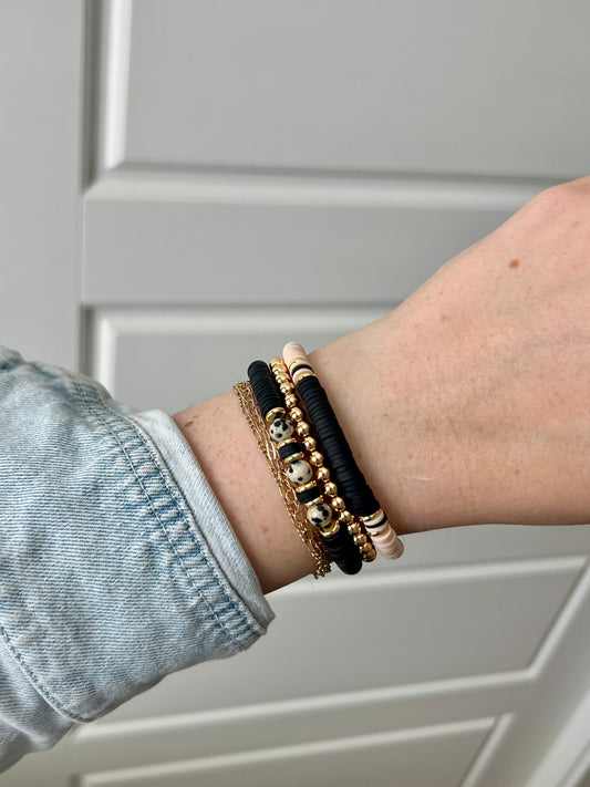 Black Heishi + Dalmatian Jasper Stacking Bracelet