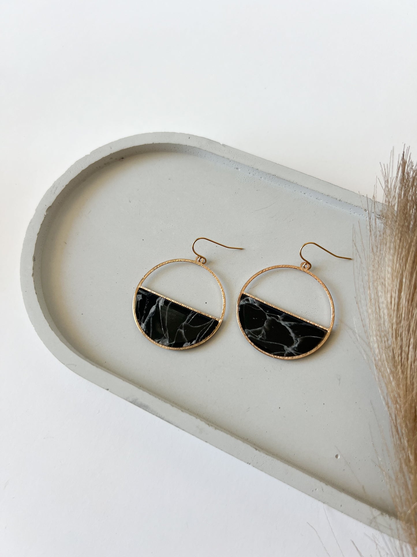 Half Circle Hooks, Black + White Marble (Silver, Gold)