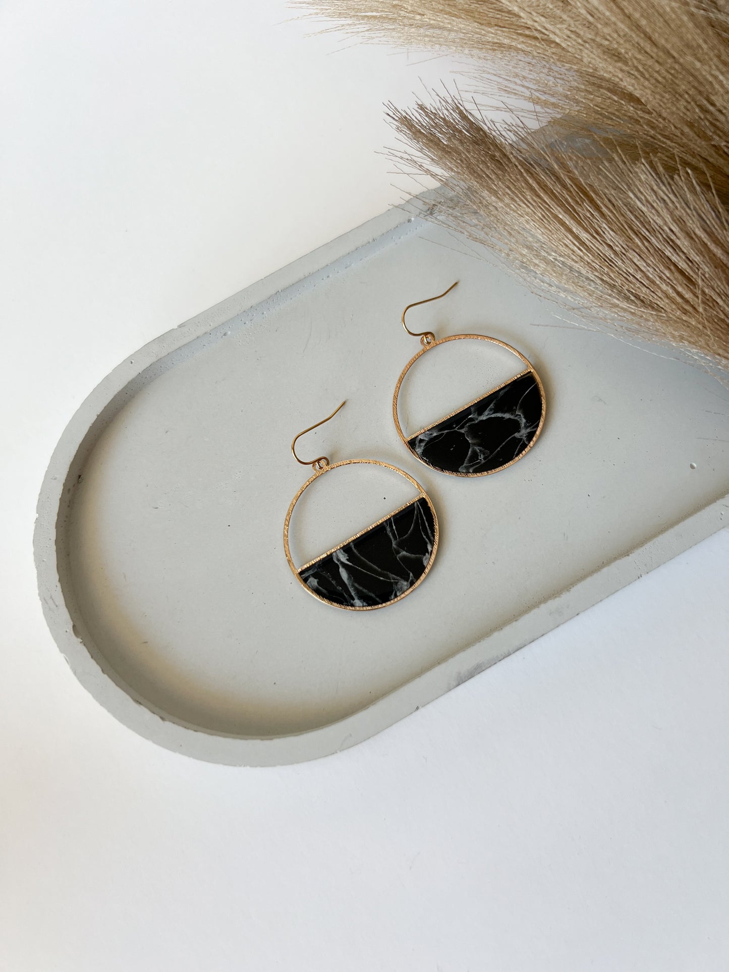 Half Circle Hooks, Black + White Marble (Silver, Gold)