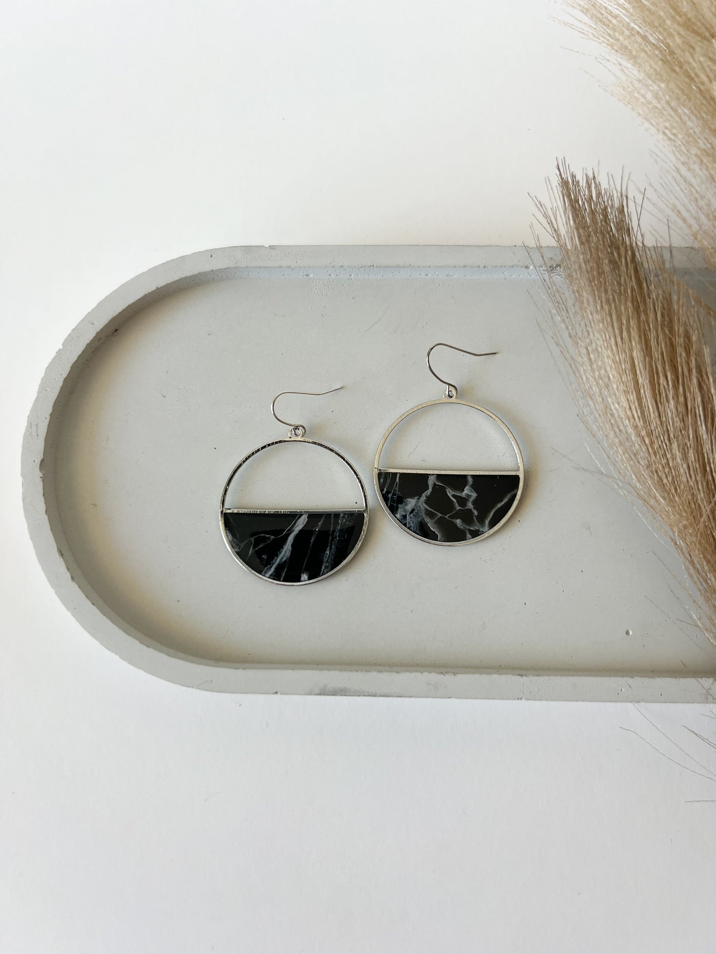 Half Circle Hooks, Black + White Marble (Silver, Gold)