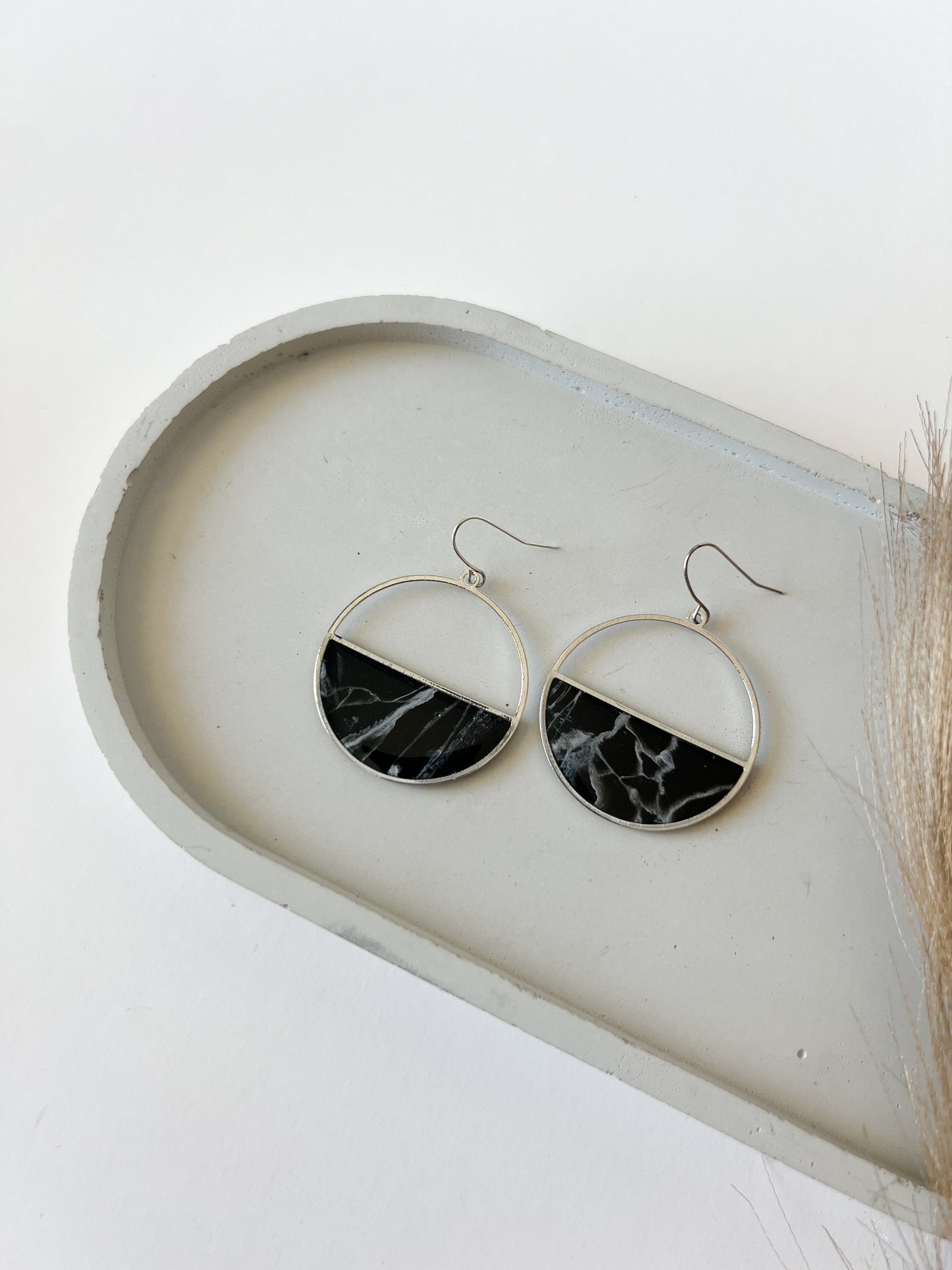 Half Circle Hooks, Black + White Marble (Silver, Gold)