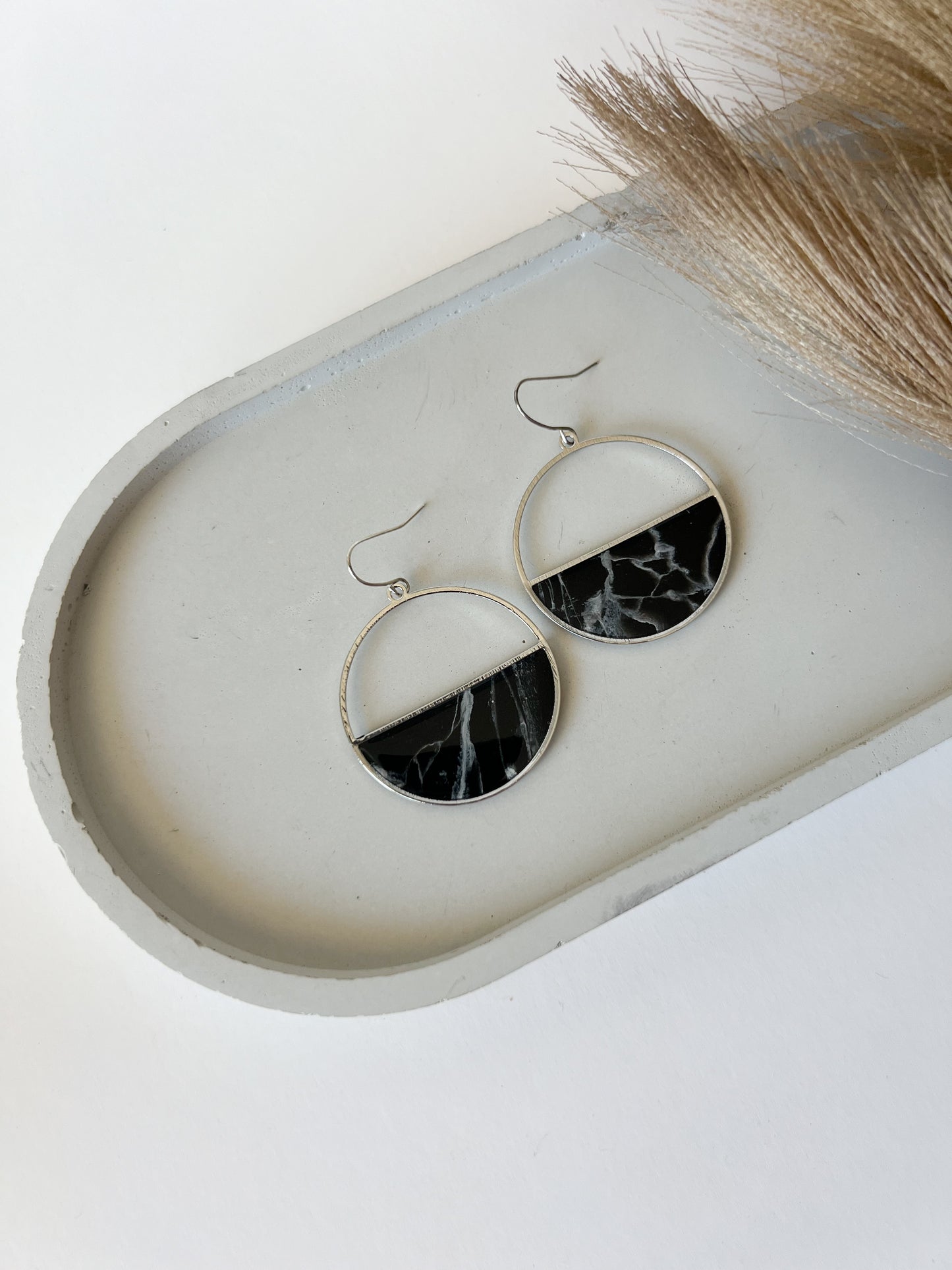 Half Circle Hooks, Black + White Marble (Silver, Gold)