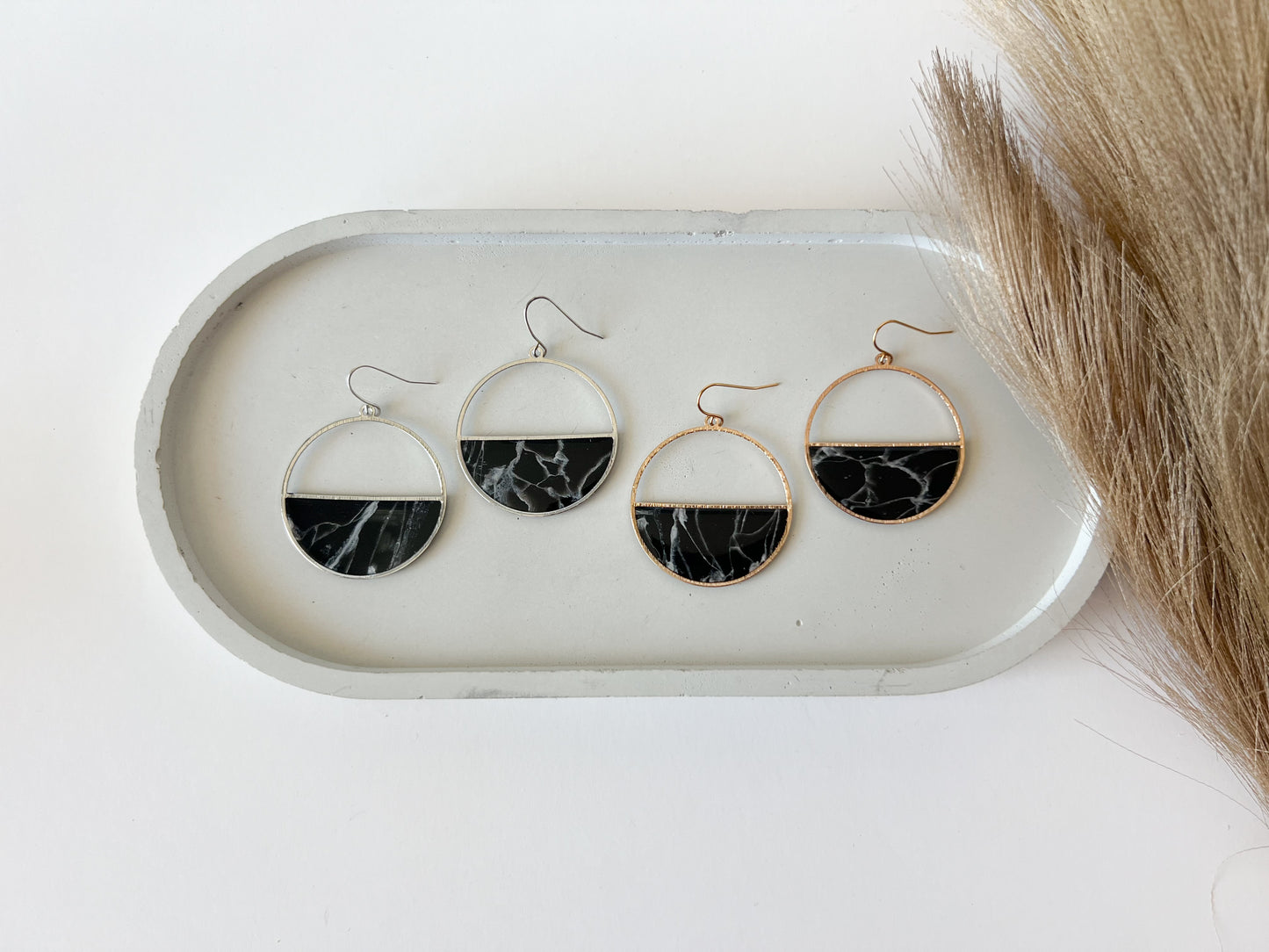 Half Circle Hooks, Black + White Marble (Silver, Gold)