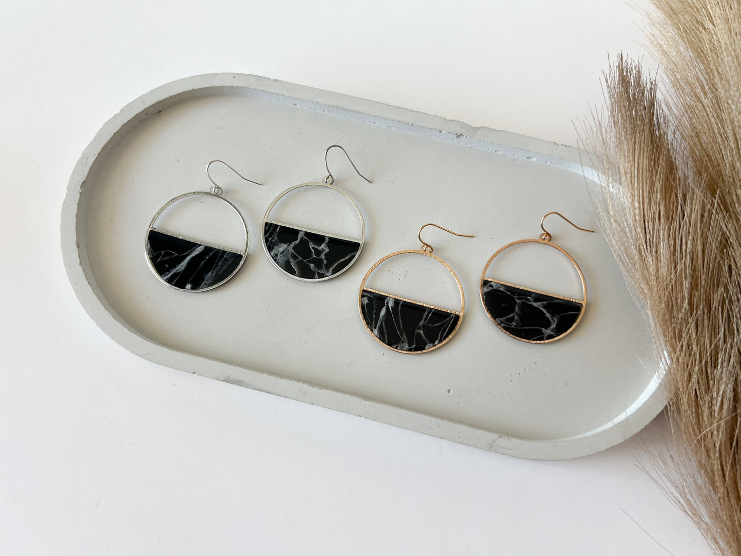 Half Circle Hooks, Black + White Marble (Silver, Gold)