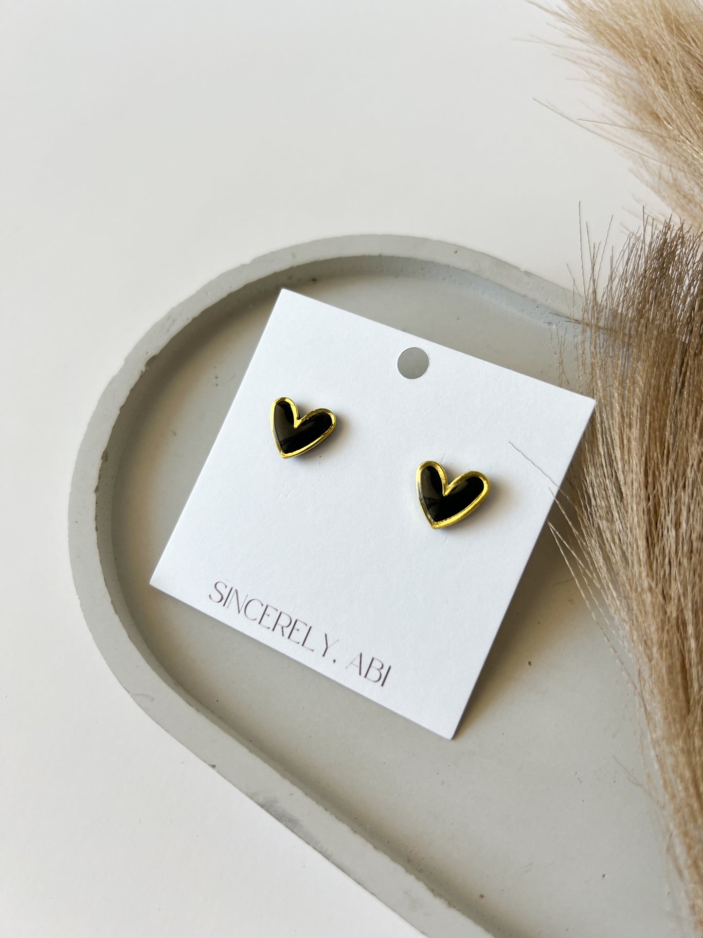 Gold Trim Heart Studs, Black