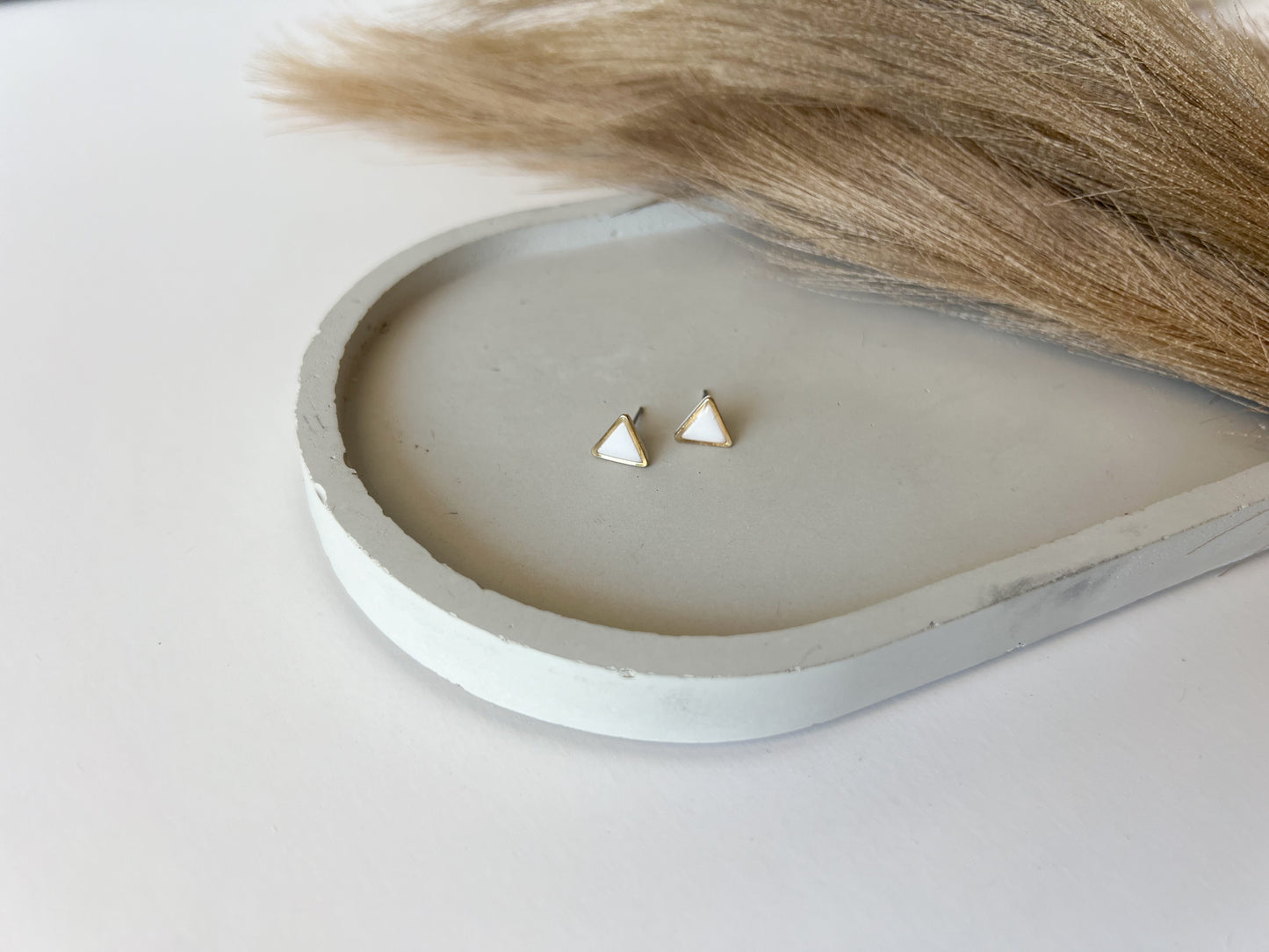 Gold Trim Triangle Studs, White