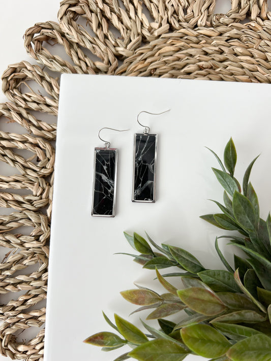 Silver Rectangle Dangles, Black + White Marble