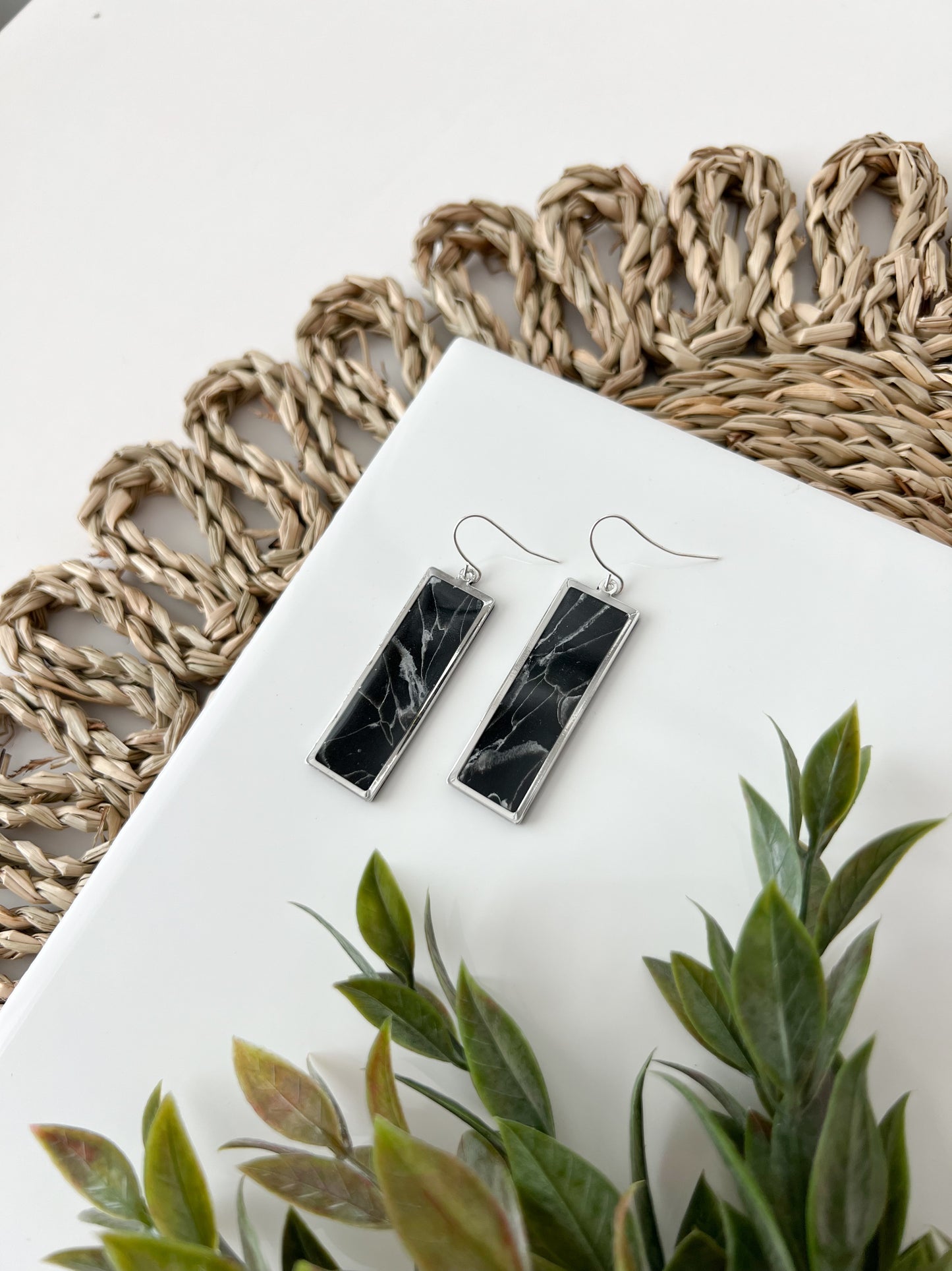 Silver Rectangle Dangles, Black + White Marble